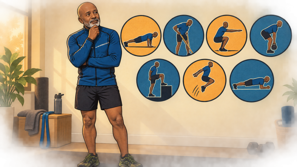 Older Black runner reviews a seven-movement strength framework for runners over 50.