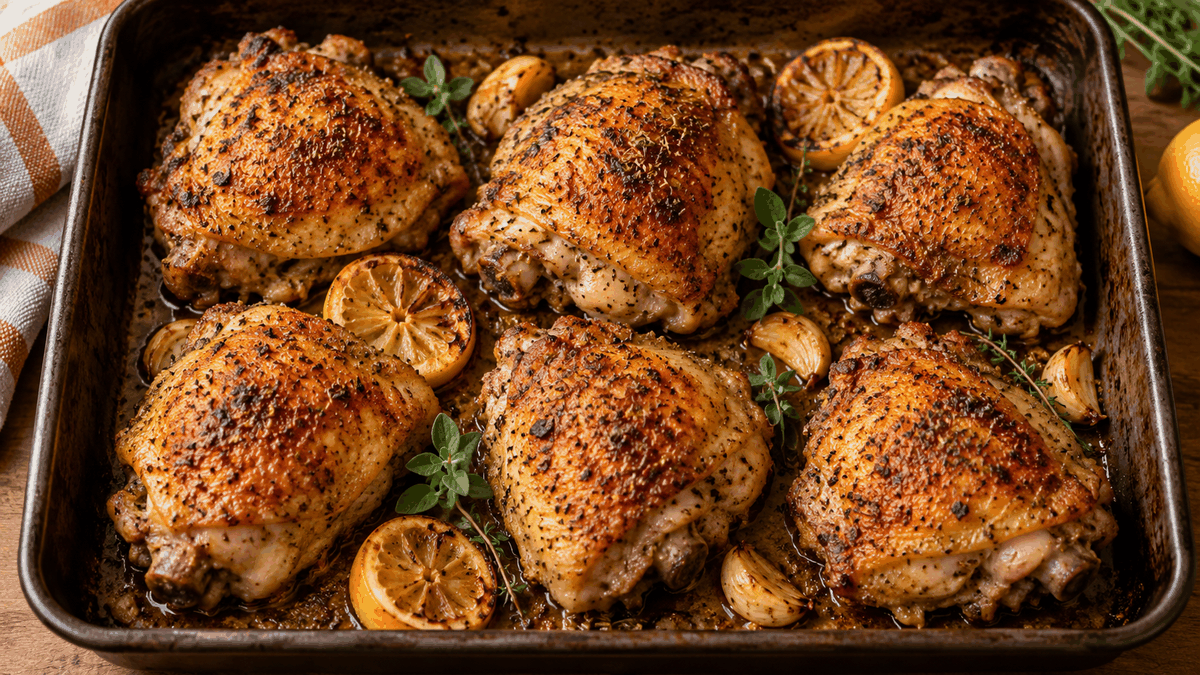 Six golden no-salt oven-roasted chicken thighs with lemon, garlic, paprika and oregano