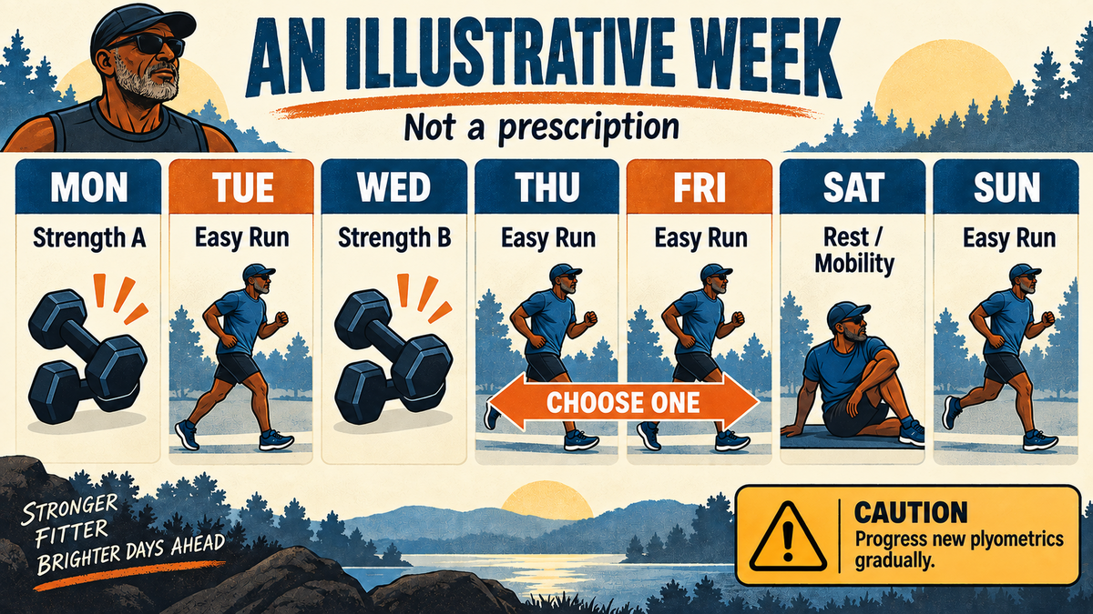 Example week places two strength sessions around an older runner’s run training.