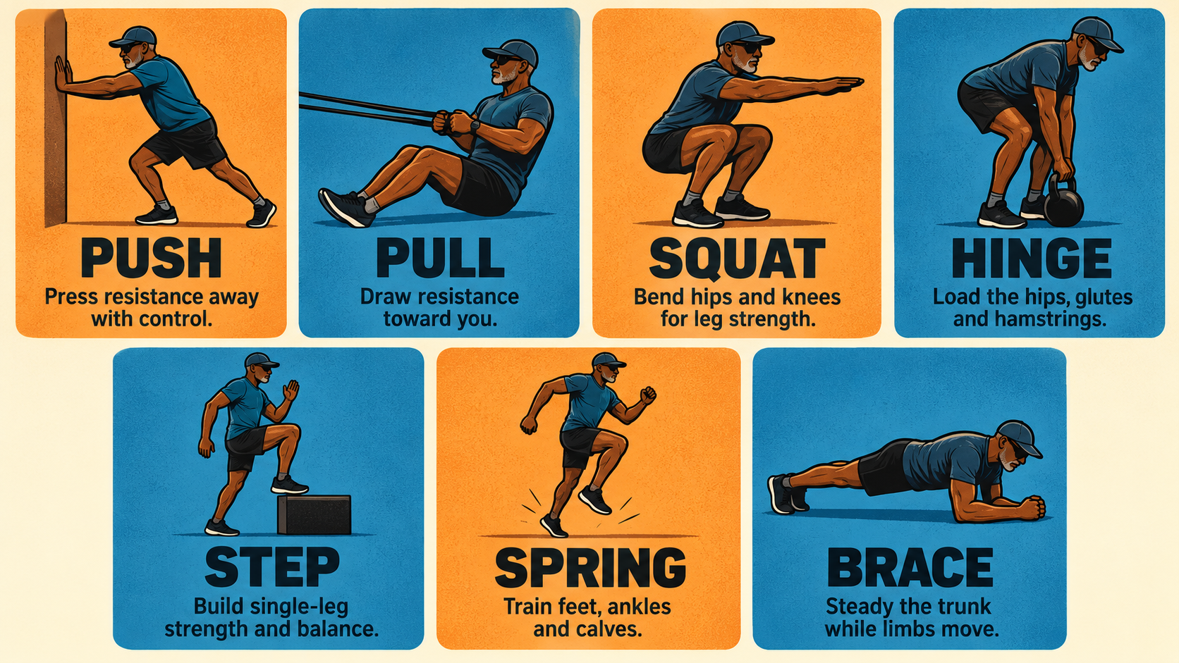 Push, pull, squat, hinge, step, spring and brace framework for older runners.