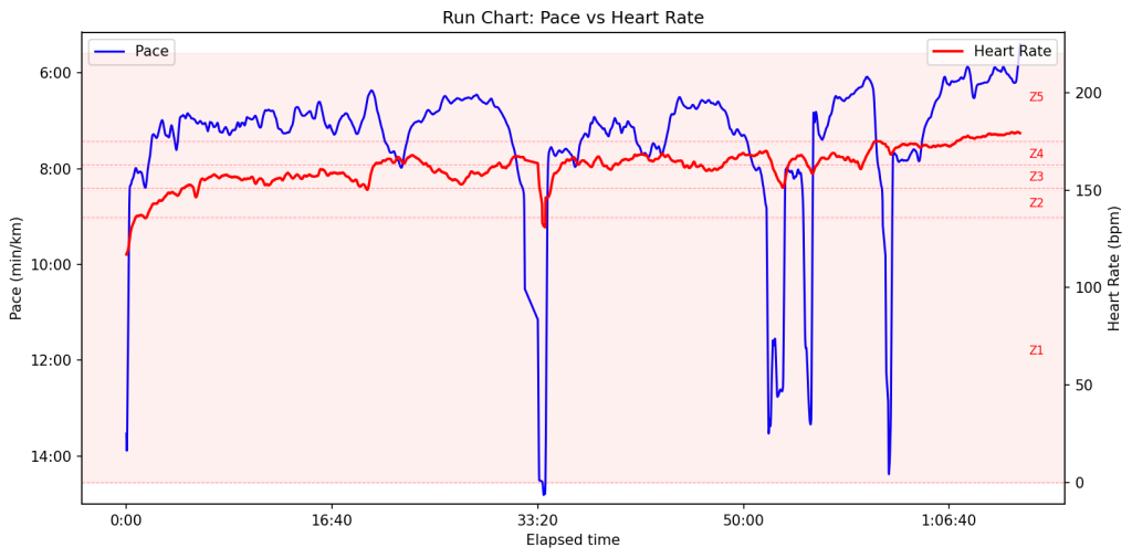 Blue Nose 10K chart showing Magnus’s pace and heart rate, including strategic slow sections and a strong late acceleration