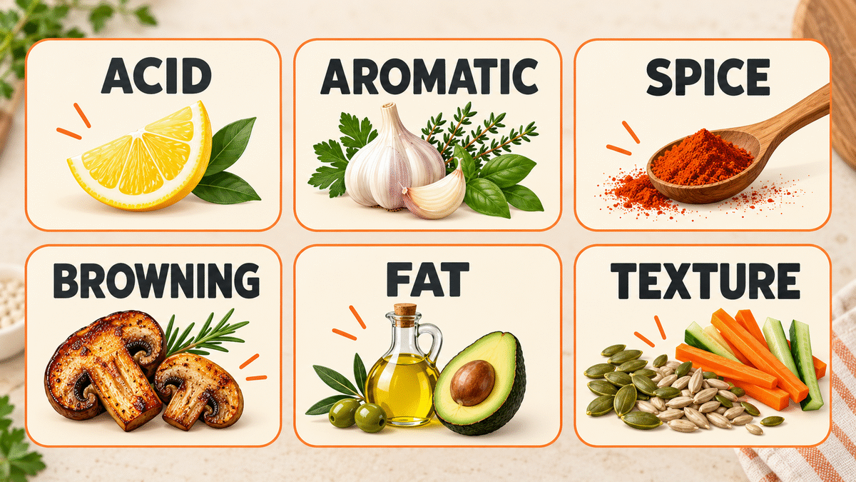Six-part cooking without salt framework using acid, aromatics, spice, browning, fat and texture