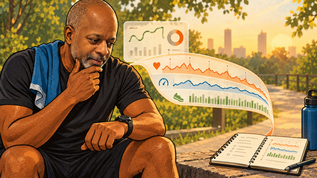 Older Black runner examining the timeline inside a Garmin FIT file after an easy run