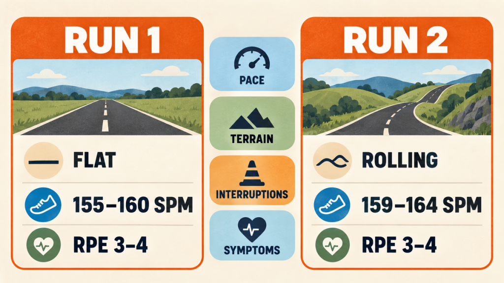 Two BlackToe 10K training runs showing cadence beside pace, terrain, RPE and symptoms