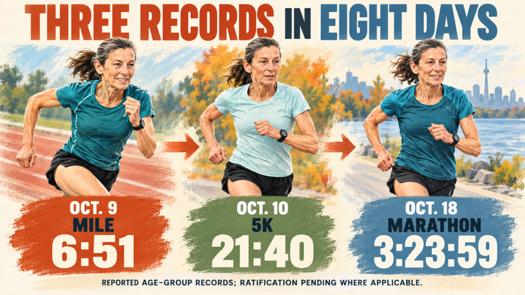 Jennifer MacDonell’s mile, 5K and marathon age-group records over eight days
