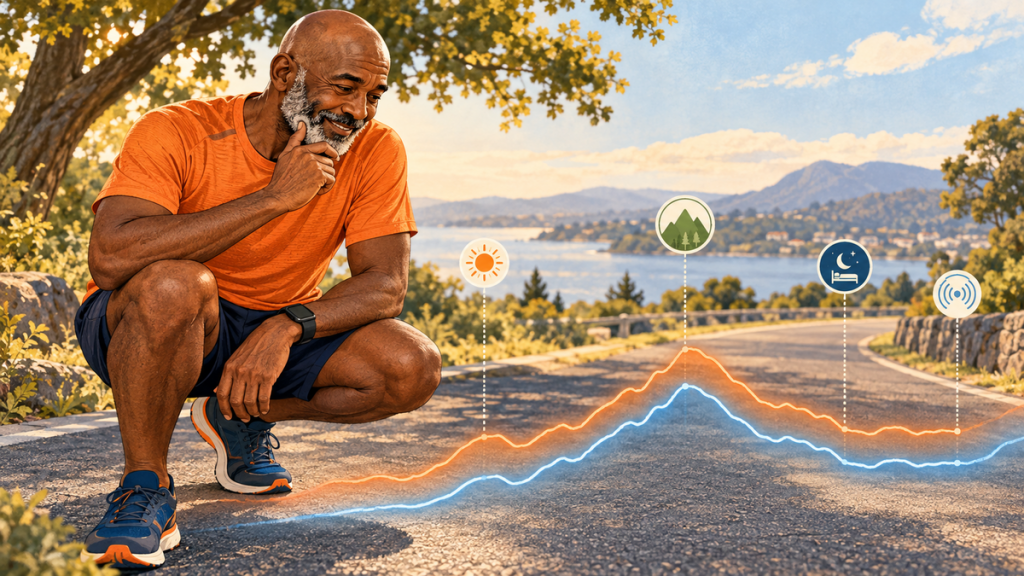 Older Black runner comparing two runs at the same pace with different heart-rate traces