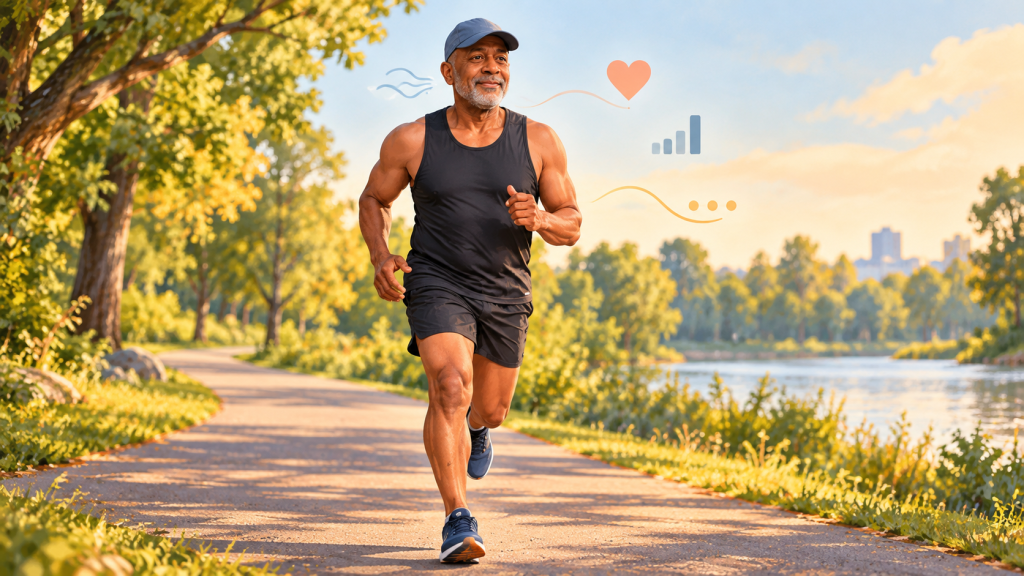 Older Black runner using nose breathing as an easy-run effort check while running alone