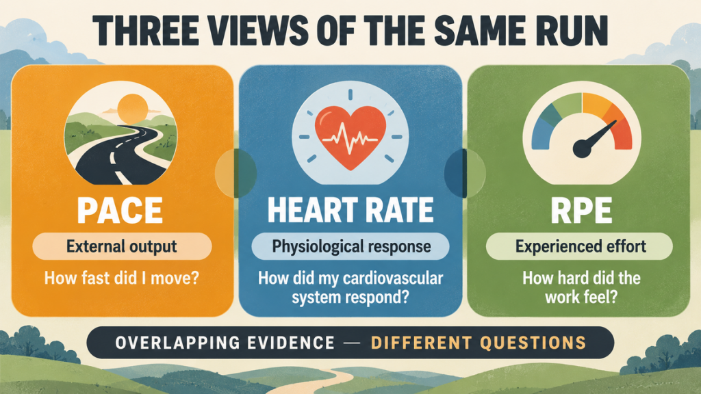 Pace, heart rate and RPE contributing different evidence about a run