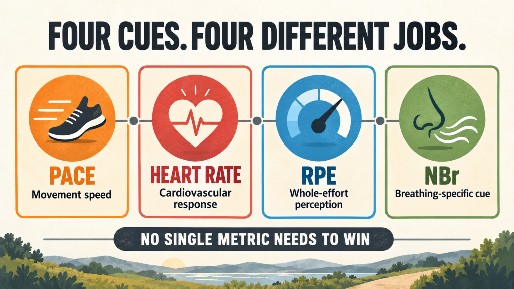 Pace, heart rate, RPE and nose breathing shown as four complementary running cues