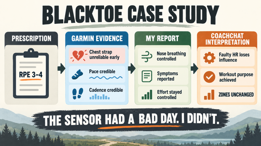 BlackToe run case study showing RPE and other evidence when heart-rate data failed