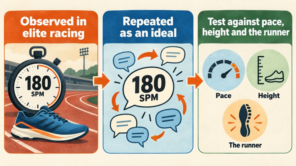 How an elite-racing cadence observation became the universal 180-SPM rule