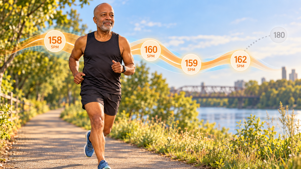 Older Black runner reviewing his natural running cadence without chasing 180 steps per minute