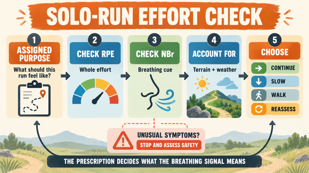 Simple solo-run effort check using workout purpose, RPE, nose breathing and conditions