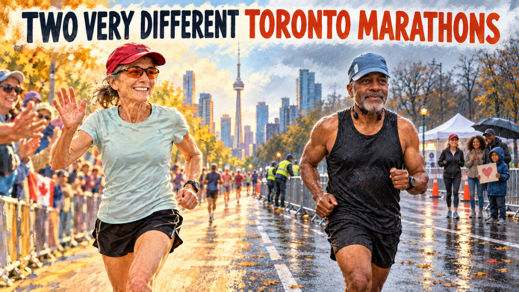 Jennifer MacDonell and Magnus experiencing two very different Toronto Waterfront Marathons